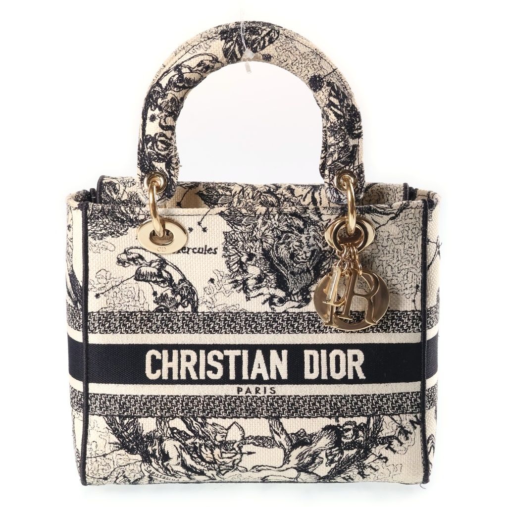 Dior Lady Medium 2-Way Shoulder Bag White Black Canvas Embroidery Gold