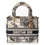 Dior Lady Medium 2-Way Shoulder Bag White Black Canvas Embroidery Gold