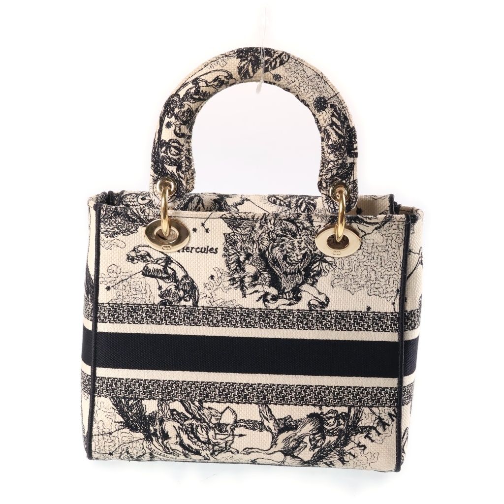 Dior Lady Medium 2-Way Shoulder Bag White Black Canvas Embroidery Gold — view 2