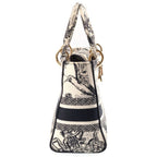 Dior Lady Medium 2-Way Shoulder Bag White Black Canvas Embroidery Gold — view 3