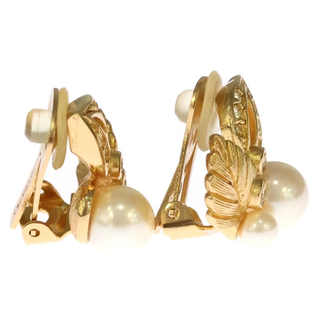 Dior Faux Pearl Earrings Leaf Motif Rhinestone Gold — view 3