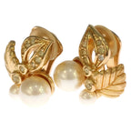 Dior Faux Pearl Earrings Leaf Motif Rhinestone Gold