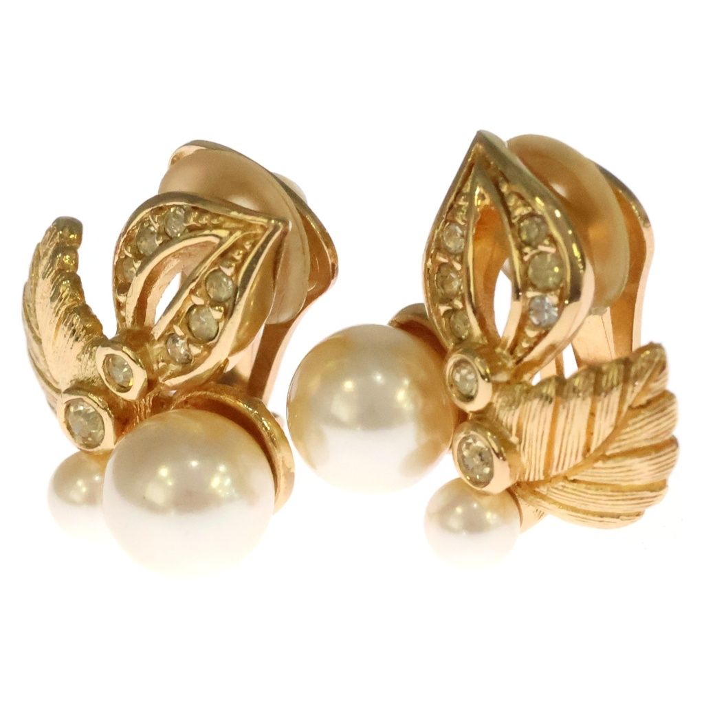 Dior Faux Pearl Earrings Leaf Motif Rhinestone Gold