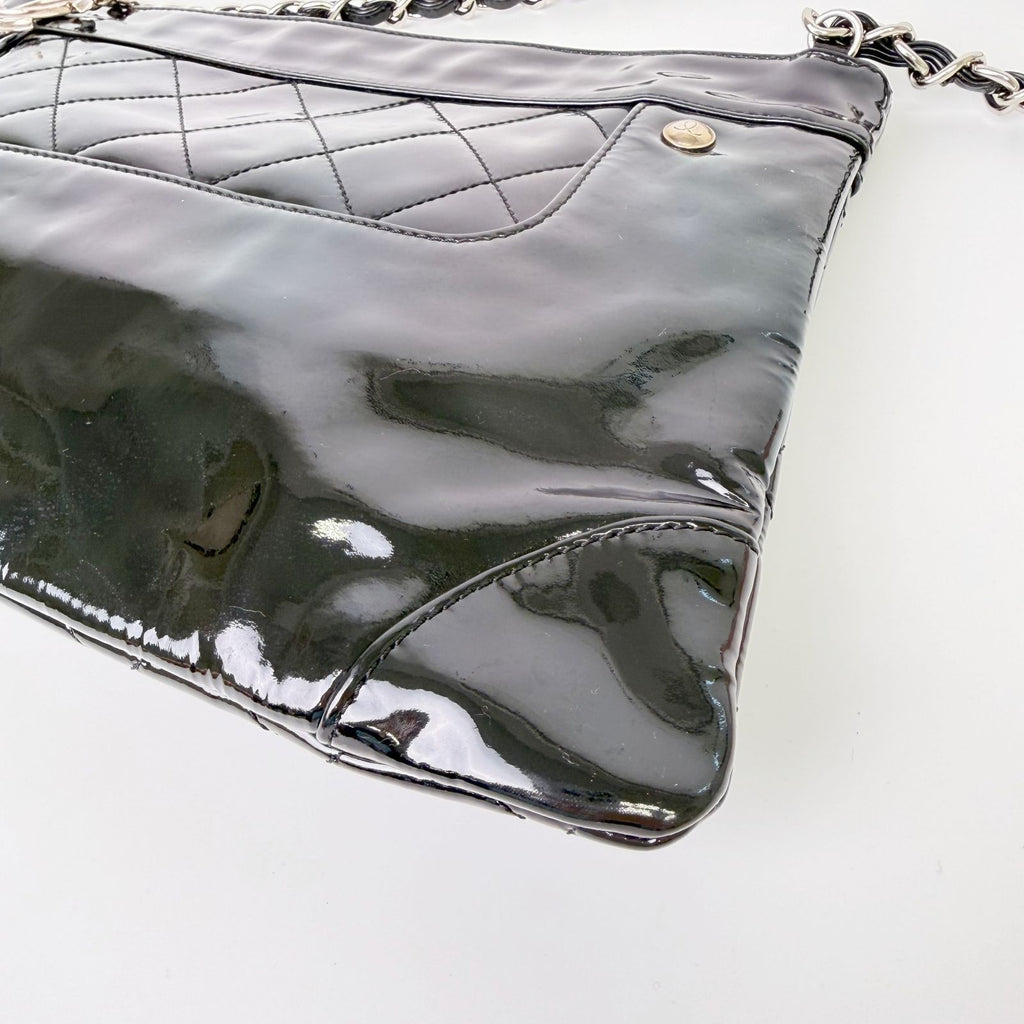 Chanel CC Logo Charm Quilted Chain Shoulder Bag Patent Leather Black Silver — view 7