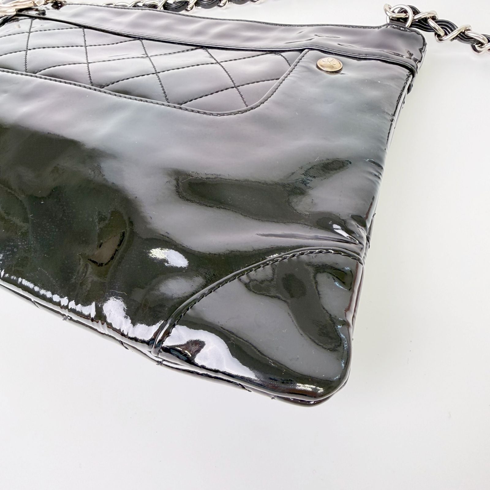 Chanel CC Logo Charm Quilted Chain Shoulder Bag Patent Leather Black Silver — view 7