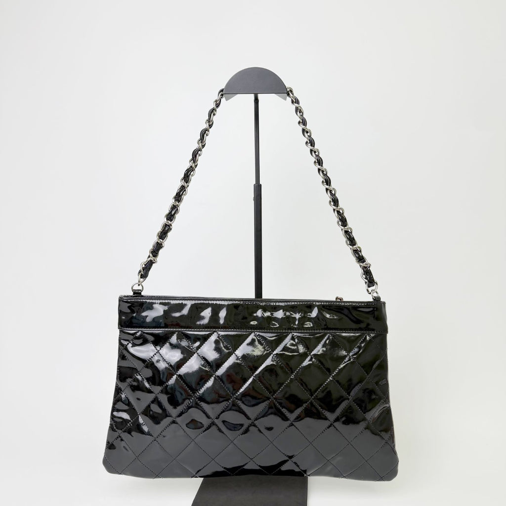Chanel CC Logo Charm Quilted Chain Shoulder Bag Patent Leather Black Silver — view 2