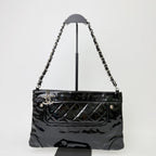 Chanel CC Logo Charm Quilted Chain Shoulder Bag Patent Leather Black Silver