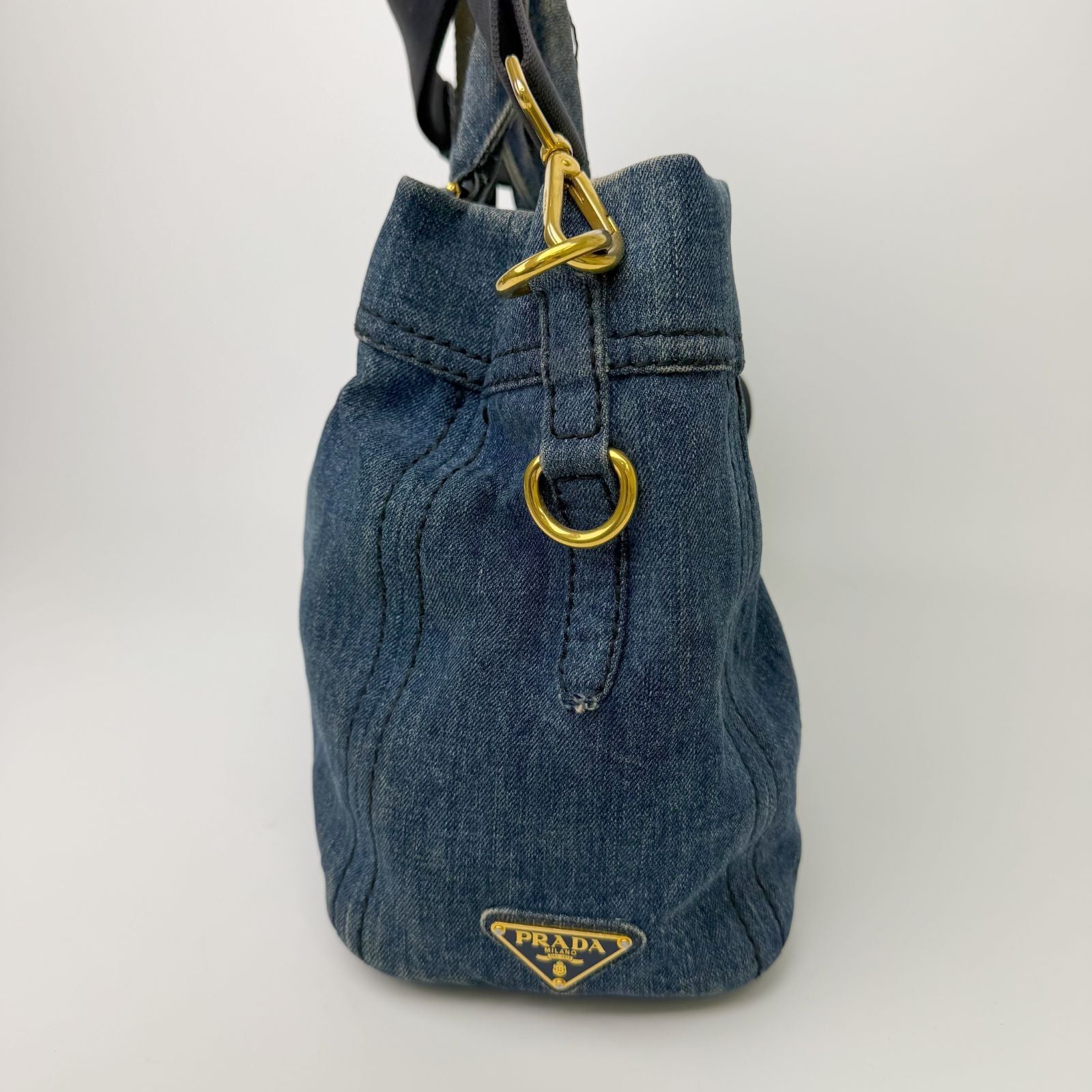 Prada Canapa Denim 2-Way Shoulder Bag Blue Gold Vintage — view 4