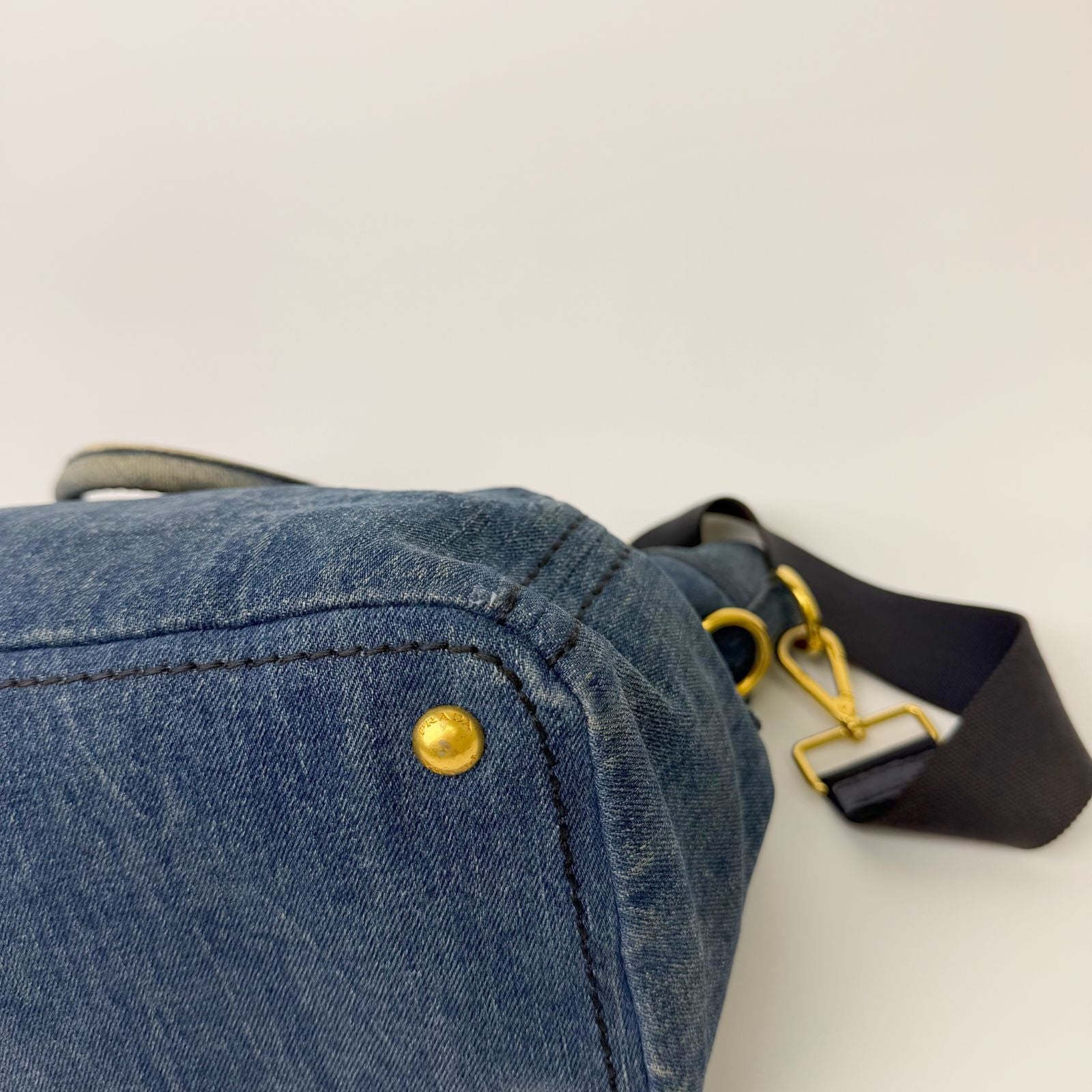 Prada Canapa Denim 2-Way Shoulder Bag Blue Gold Vintage — view 7