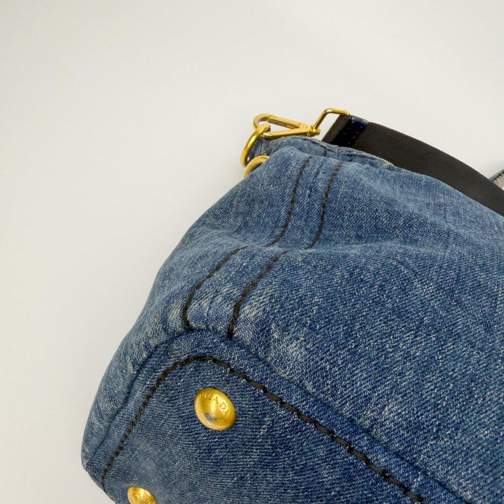Prada Canapa Denim 2-Way Shoulder Bag Blue Gold Vintage — view 8