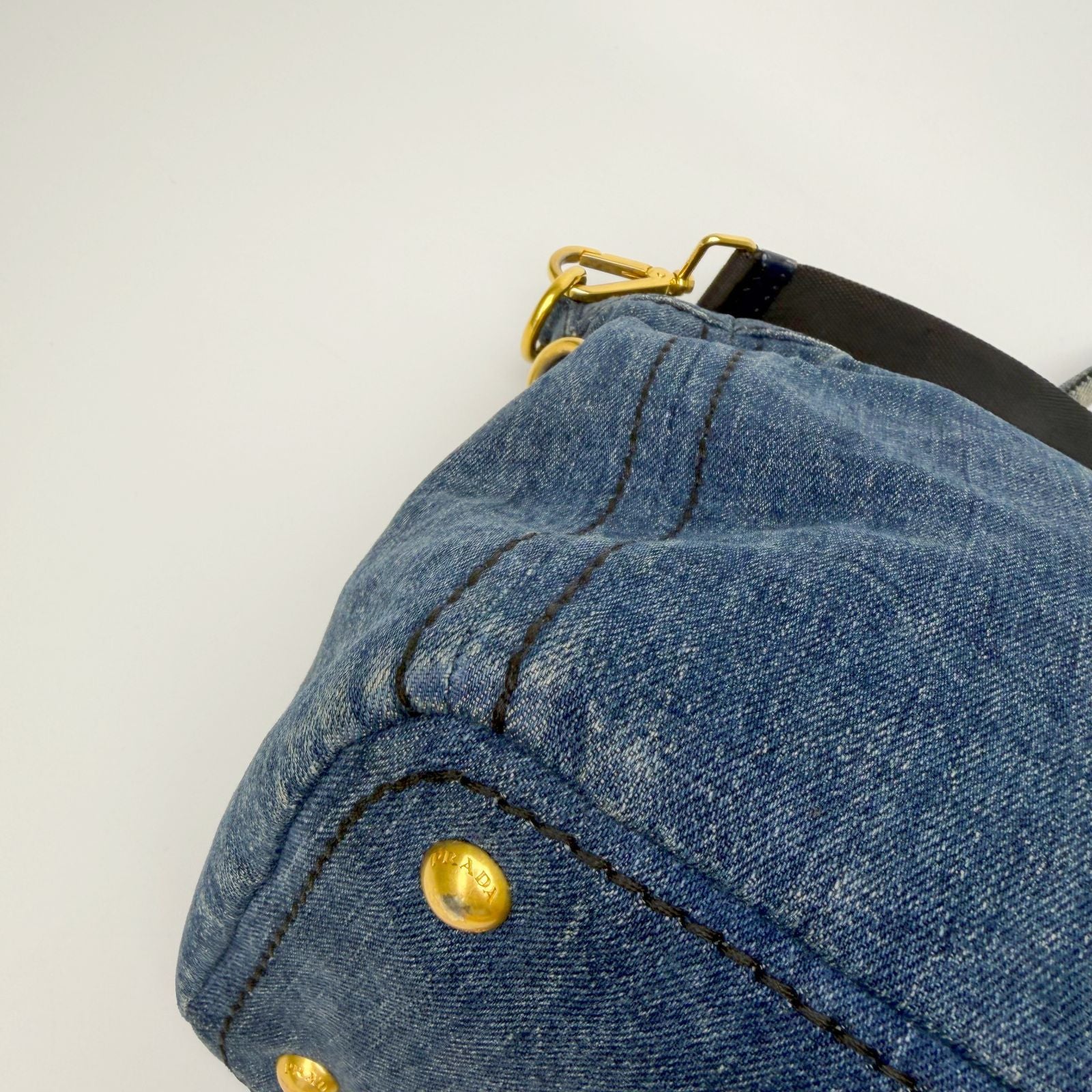 Prada Canapa Denim 2-Way Shoulder Bag Blue Gold Vintage — view 8