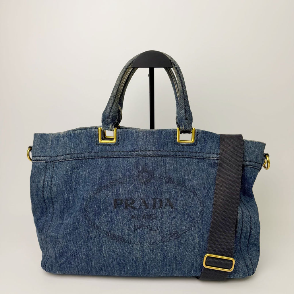 Prada Canapa Denim 2-Way Shoulder Bag Blue Gold Vintage