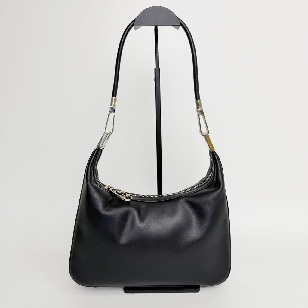 Gucci G Logo Zip Pull Hobo Shoulder Bag Leather Black Silver Vintage — view 2
