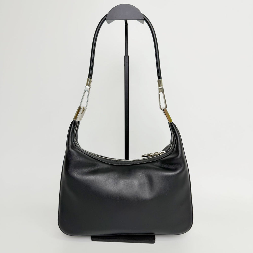 Gucci G Logo Zip Pull Hobo Shoulder Bag Leather Black Silver Vintage — view 3