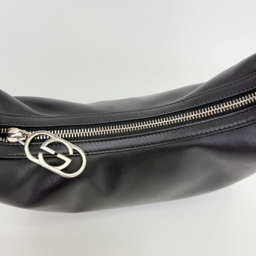 Gucci G Logo Zip Pull Hobo Shoulder Bag Leather Black Silver Vintage — view 6