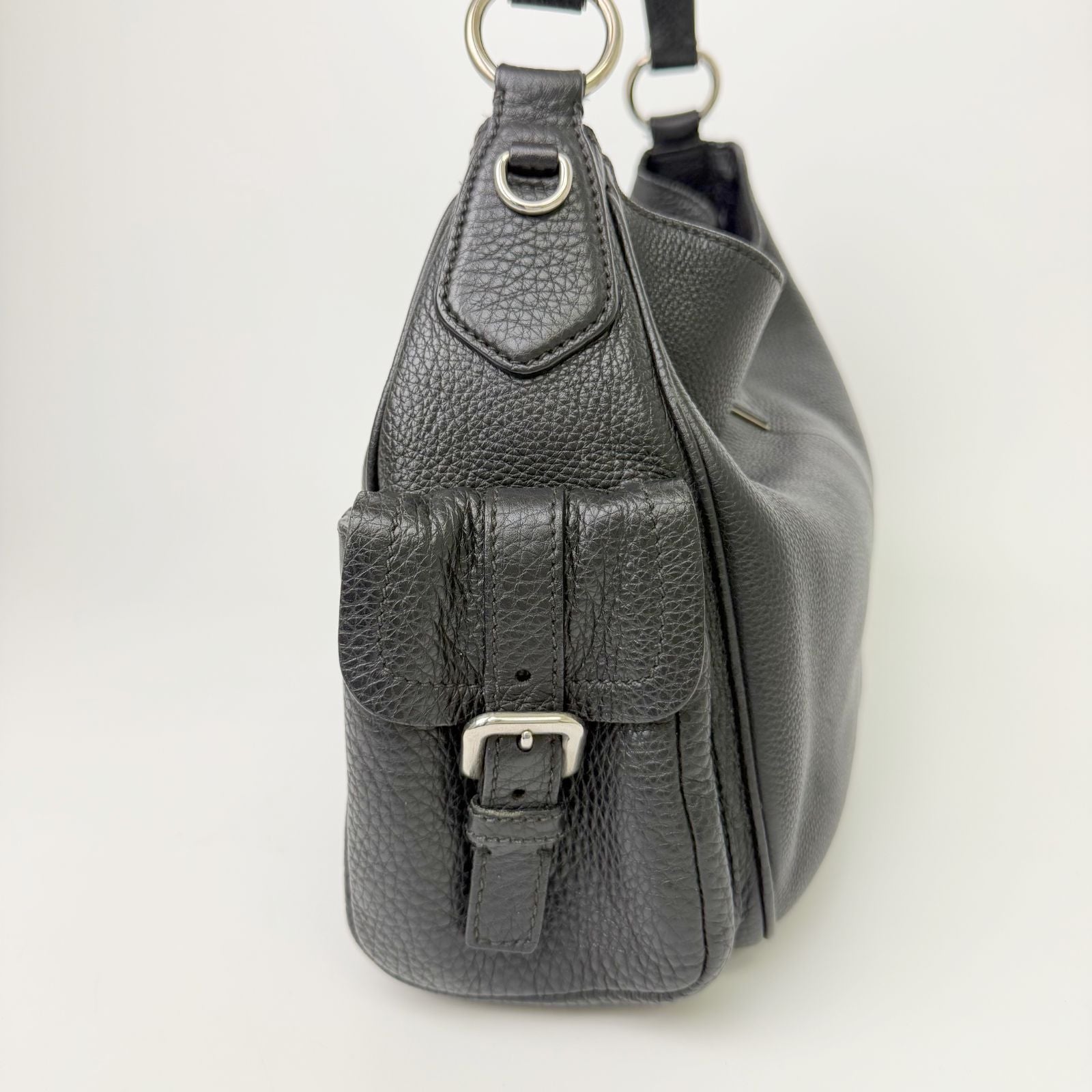 Prada Side Pocket Triangle Logo Leather Hobo Shoulder Bag Black Silver Vintage — view 3