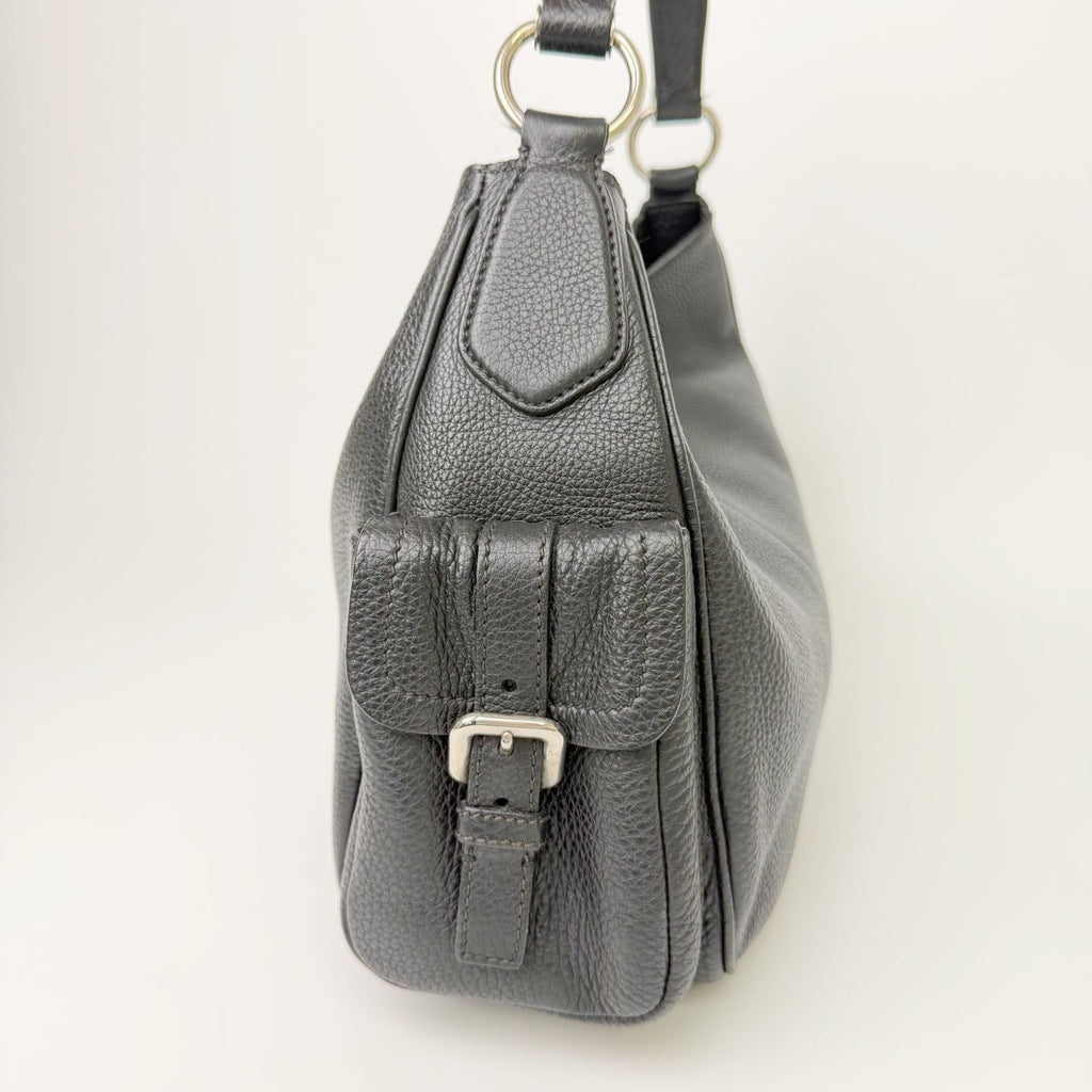 Prada Side Pocket Triangle Logo Leather Hobo Shoulder Bag Black Silver Vintage — view 4