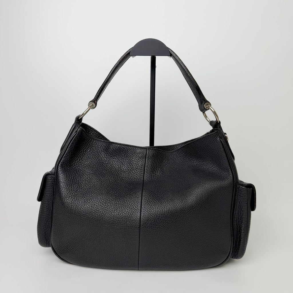 Prada Side Pocket Triangle Logo Leather Hobo Shoulder Bag Black Silver Vintage — view 2