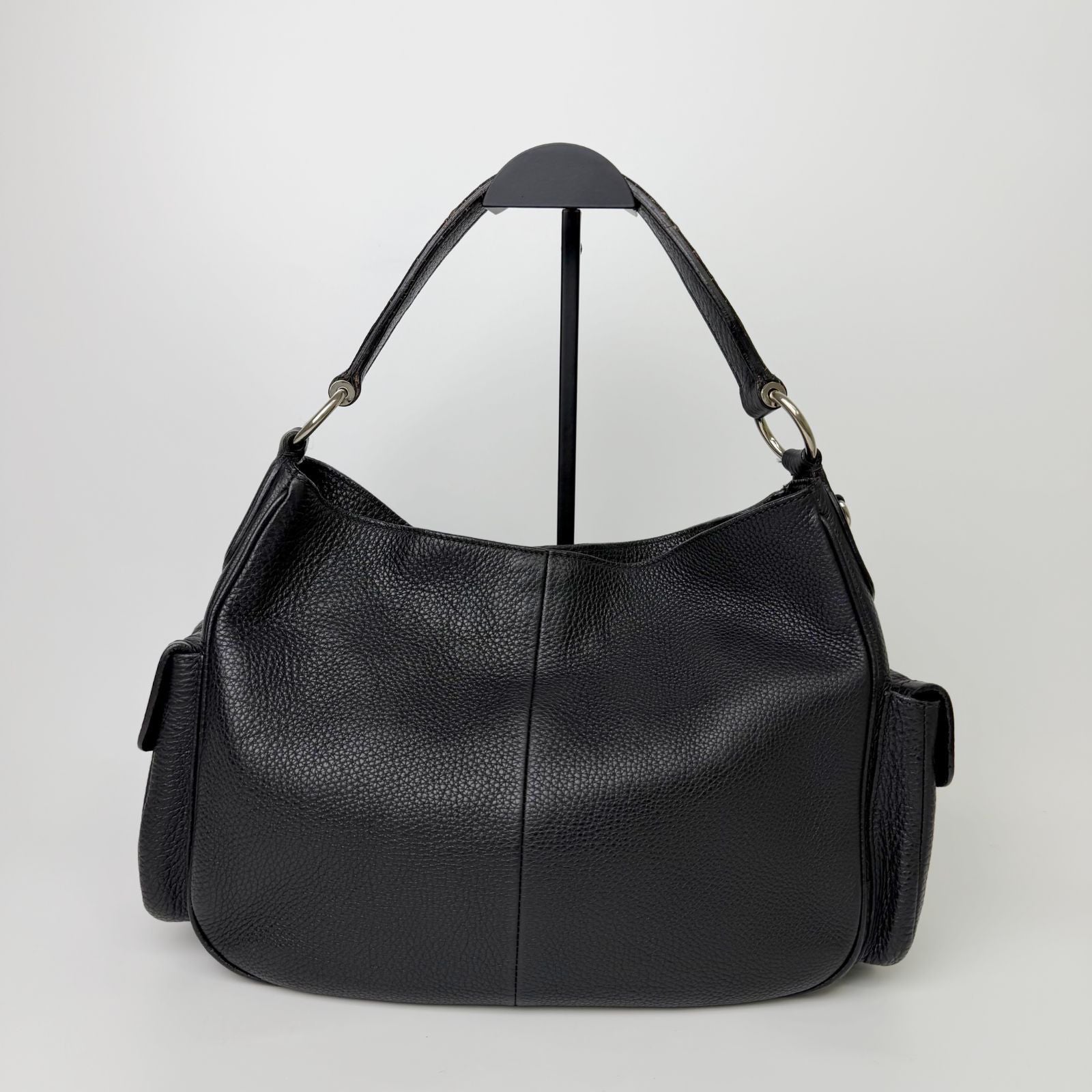 Prada Side Pocket Triangle Logo Leather Hobo Shoulder Bag Black Silver Vintage — view 2
