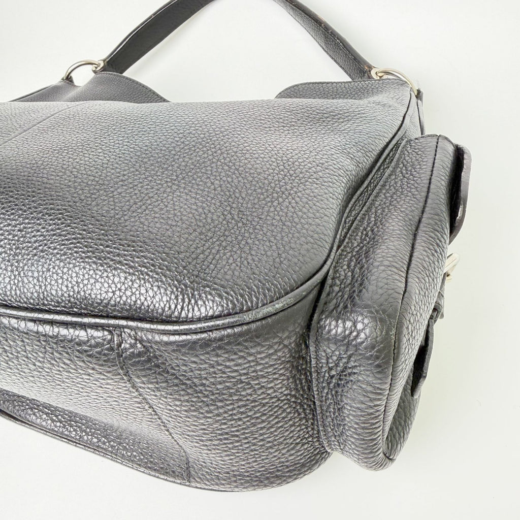 Prada Side Pocket Triangle Logo Leather Hobo Shoulder Bag Black Silver Vintage — view 7
