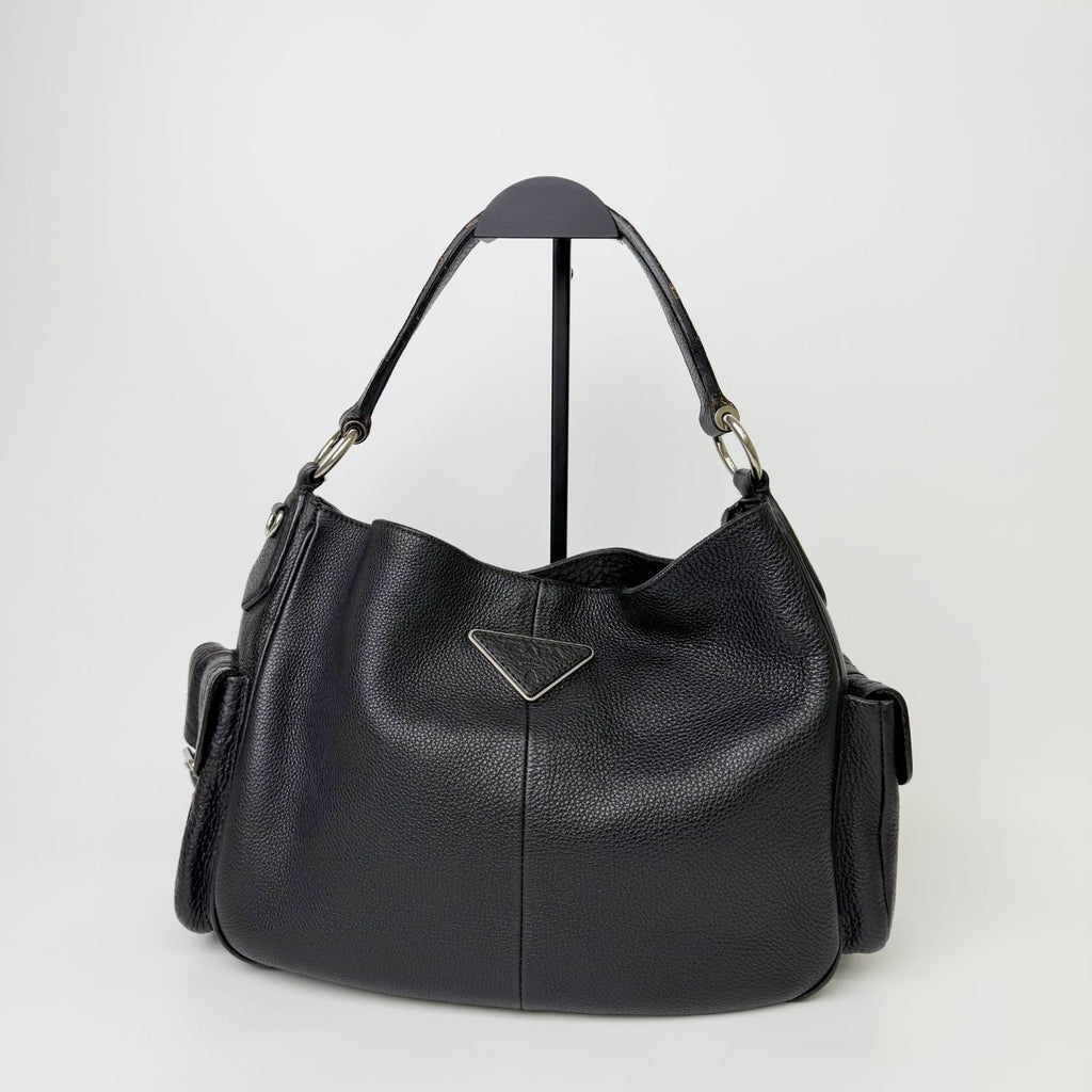Prada Side Pocket Triangle Logo Leather Hobo Shoulder Bag Black Silver Vintage