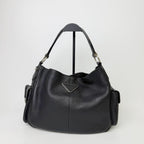 Prada Side Pocket Triangle Logo Leather Hobo Shoulder Bag Black Silver Vintage