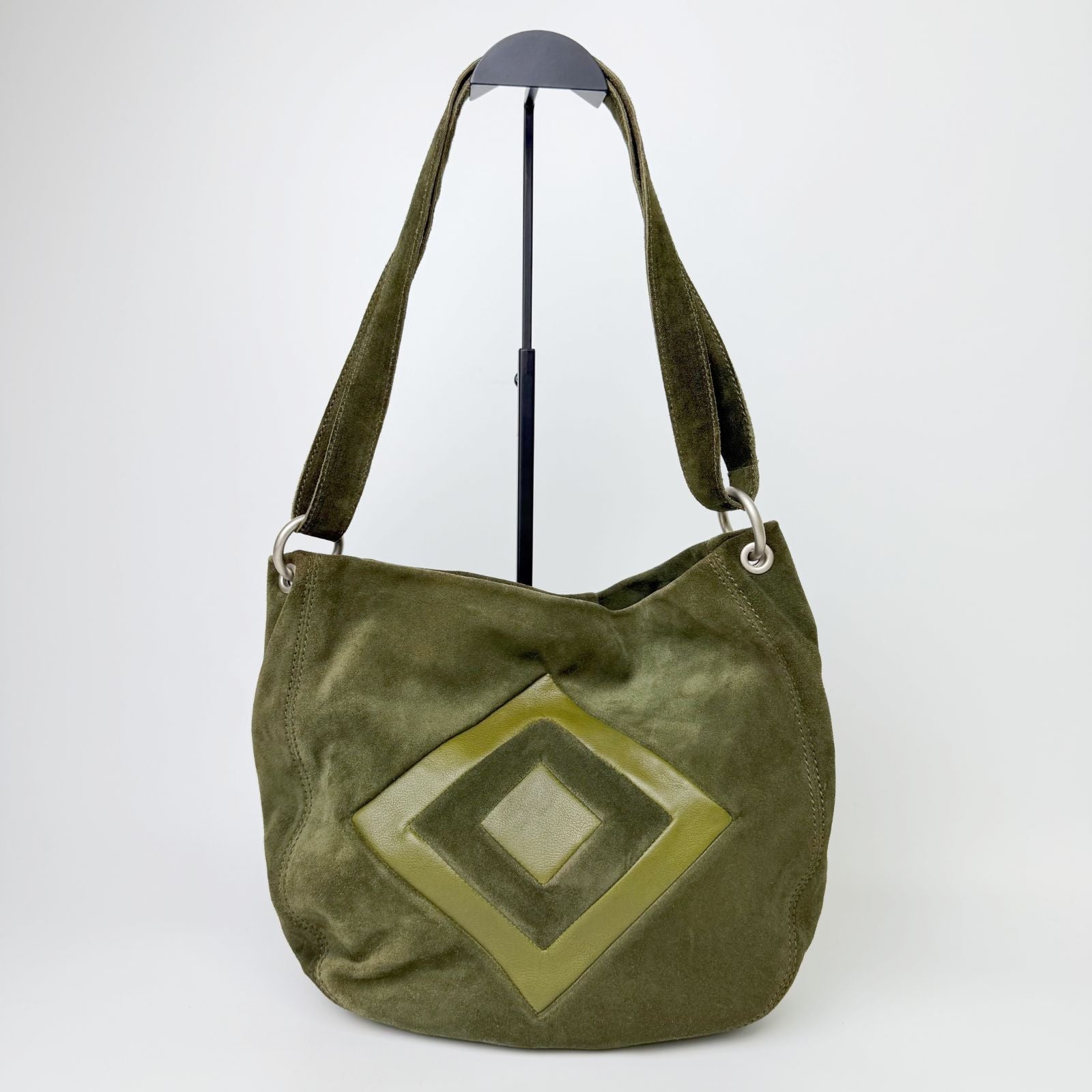 Bottega Veneta Geometric Patch Suede Hobo Shoulder Bag Khaki Olive Silver — view 2