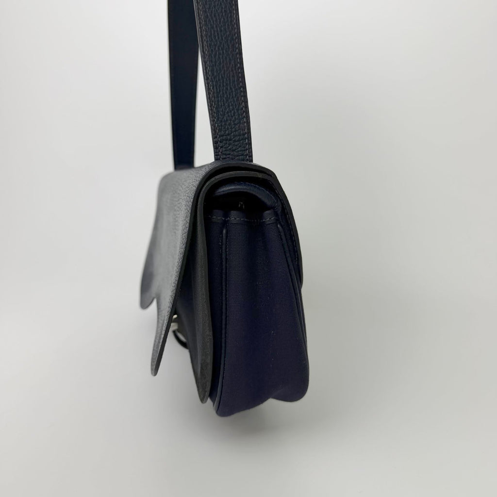 Hermes Sellier H Clasp Leather Felt Shoulder Bag Navy Blue Silver Vintage — view 3