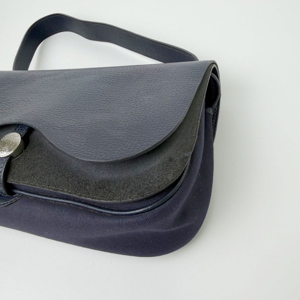 Hermes Sellier H Clasp Leather Felt Shoulder Bag Navy Blue Silver Vintage — view 7