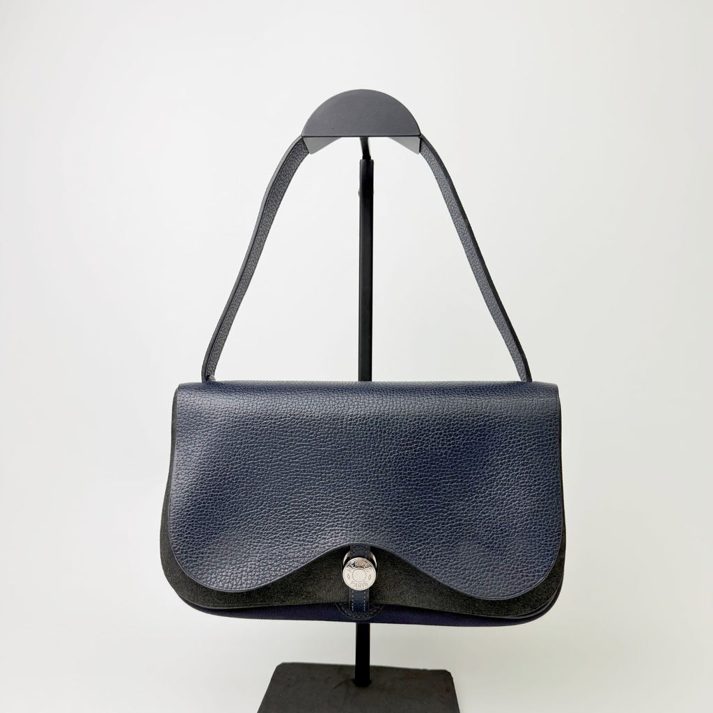 Hermes Sellier H Clasp Leather Felt Shoulder Bag Navy Blue Silver Vintage