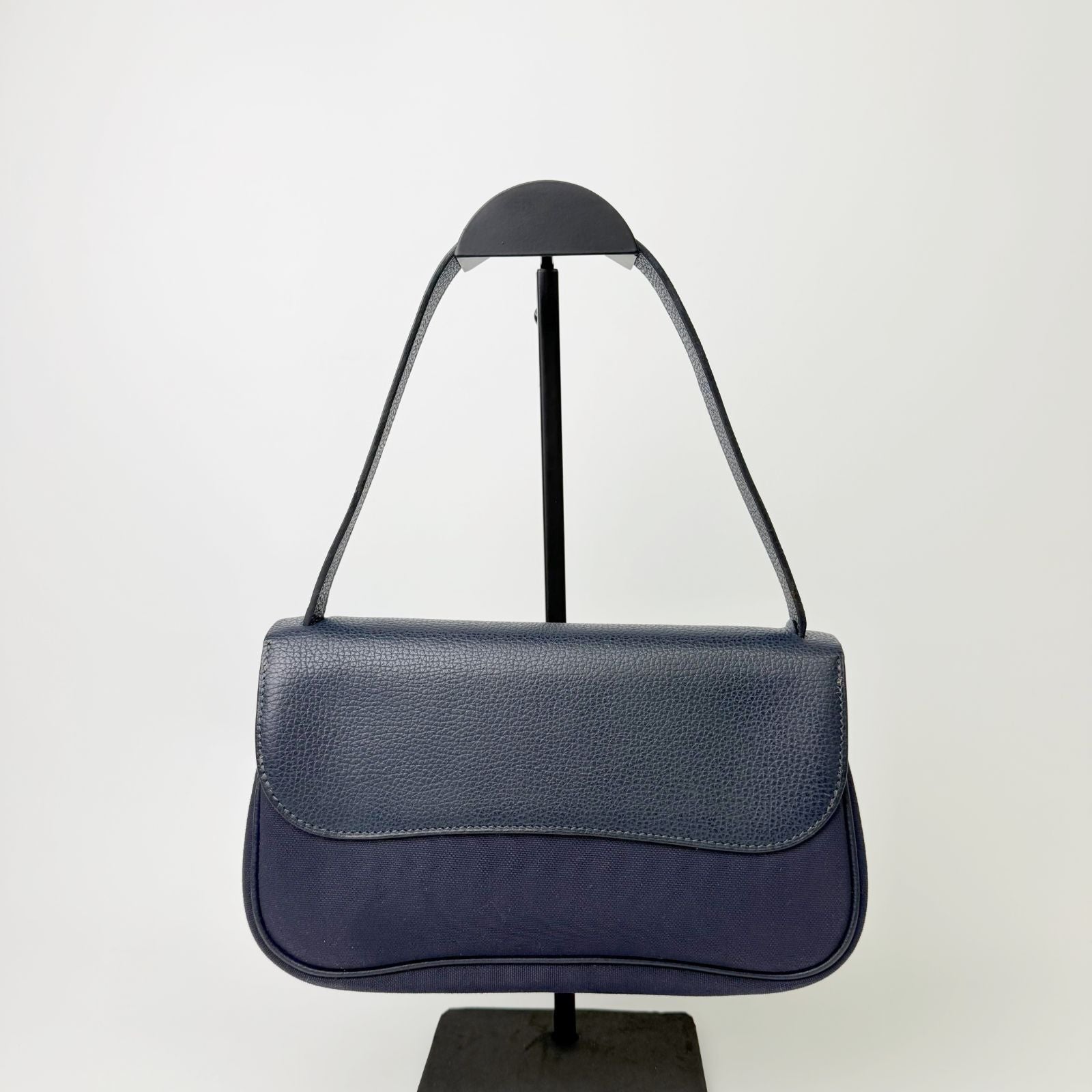 Hermes Sellier H Clasp Leather Felt Shoulder Bag Navy Blue Silver Vintage — view 2