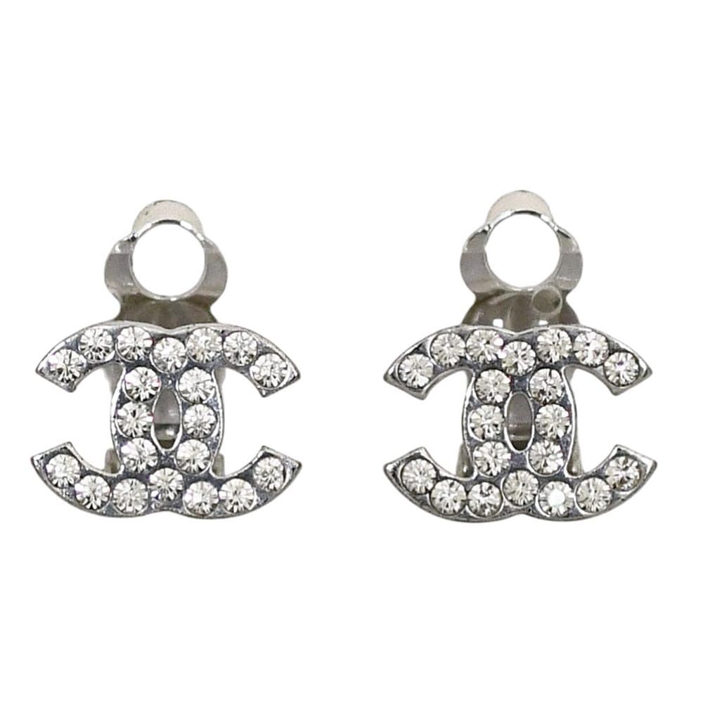Chanel Earrings CC Logo 07 Metal Rhinestone Silver