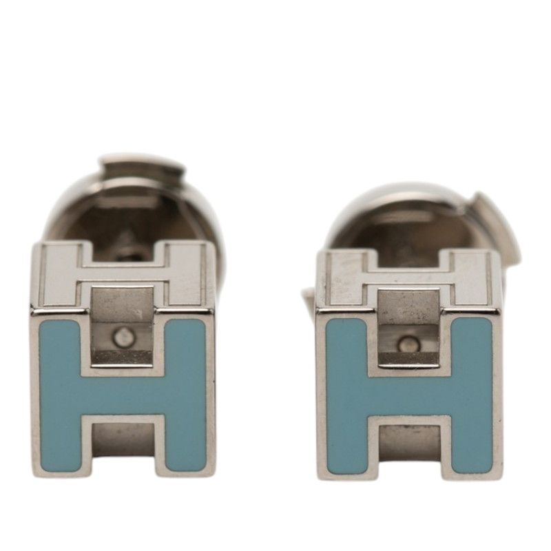 Hermes Cage de Ash H Cube Earrings Silver Light Blue Metal Enamel