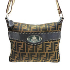 Fendi Zucca Shoulder Bag Canvas Leather Beige Dark Brown