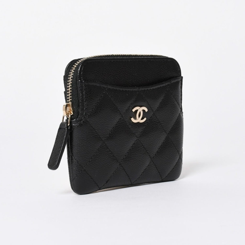 Chanel Classic Zip Coin Purse Stand CC Logo Caviar Leather Black Gold — view 3
