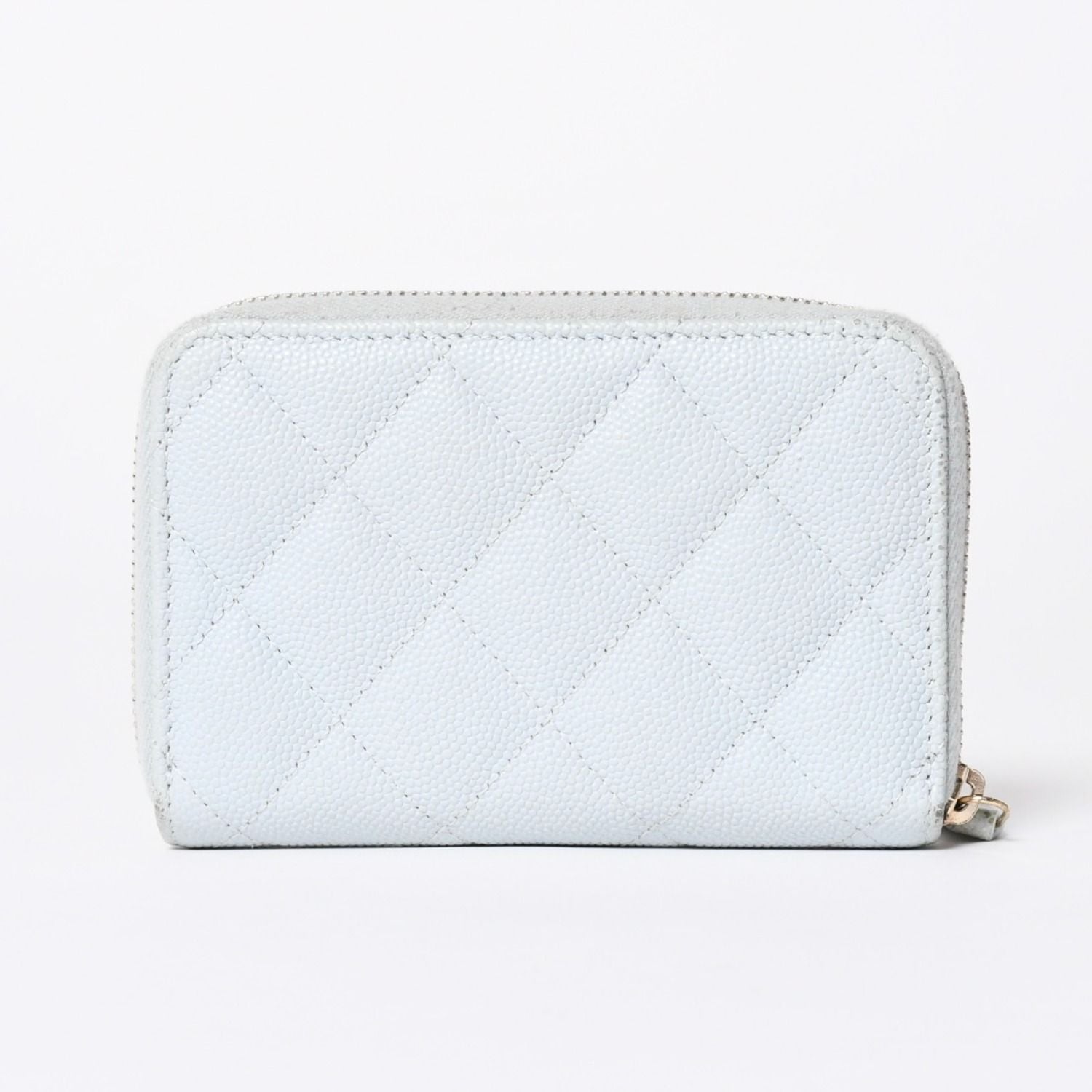 Chanel Round Zip Wallet Stand CC Logo Caviar Leather Light Blue Gold — view 2