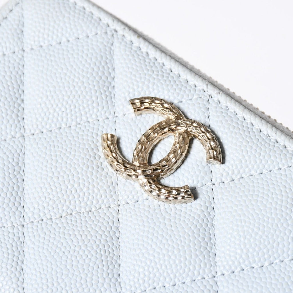 Chanel Round Zip Wallet Stand CC Logo Caviar Leather Light Blue Gold — view 6