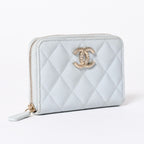 Chanel Round Zip Wallet Stand CC Logo Caviar Leather Light Blue Gold — view 3