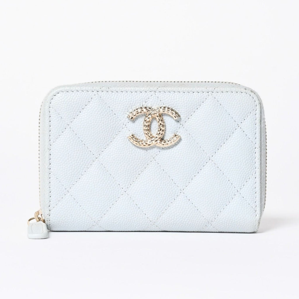 Chanel Round Zip Wallet Stand CC Logo Caviar Leather Light Blue Gold