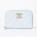 Chanel Round Zip Wallet Stand CC Logo Caviar Leather Light Blue Gold