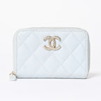 Chanel Round Zip Wallet Stand CC Logo Caviar Leather Light Blue Gold