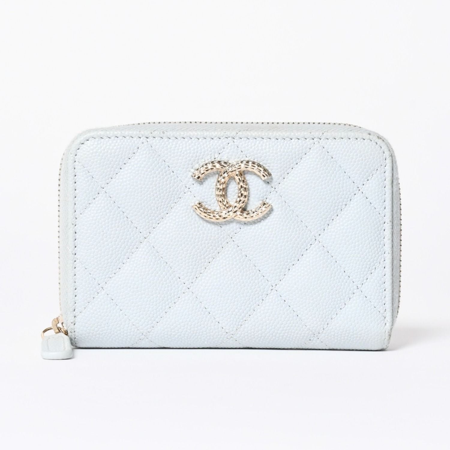 Chanel Round Zip Wallet Stand CC Logo Caviar Leather Light Blue Gold