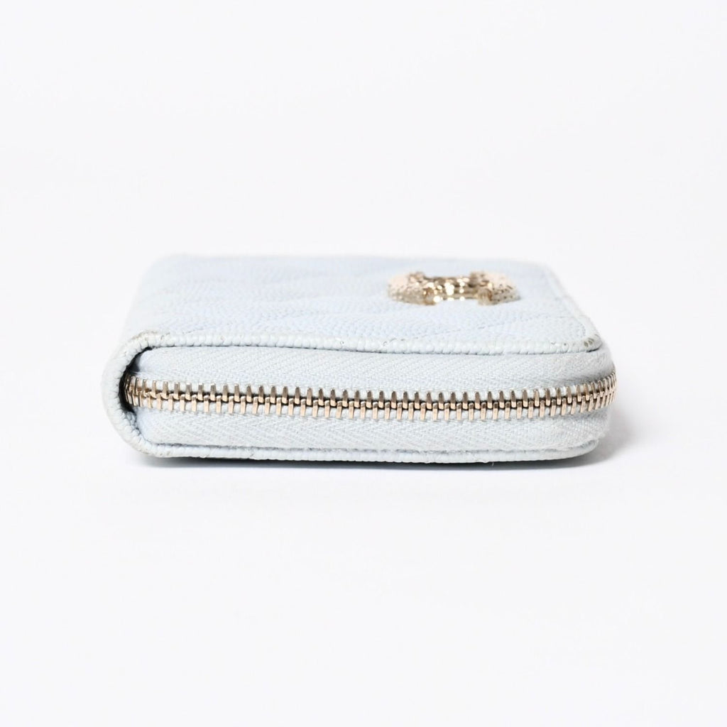 Chanel Round Zip Wallet Stand CC Logo Caviar Leather Light Blue Gold — view 4
