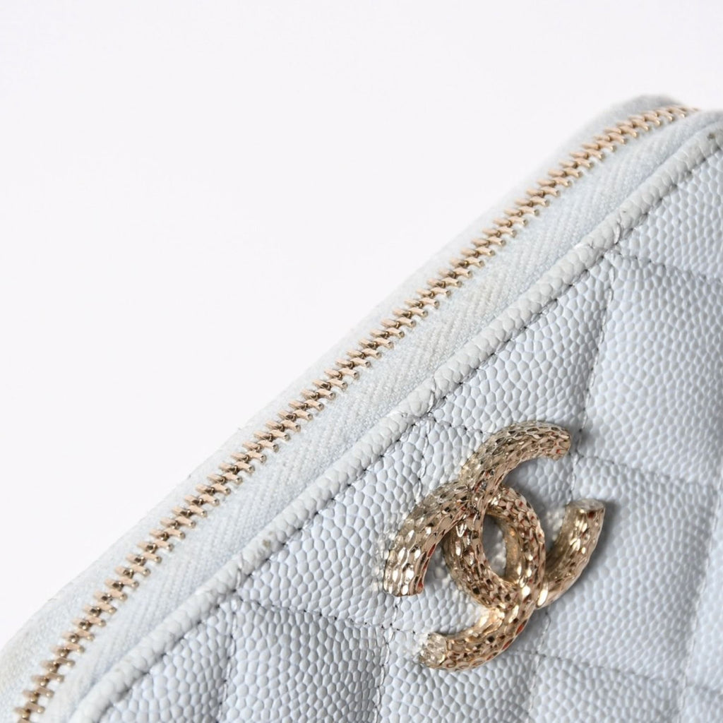 Chanel Round Zip Wallet Stand CC Logo Caviar Leather Light Blue Gold — view 5