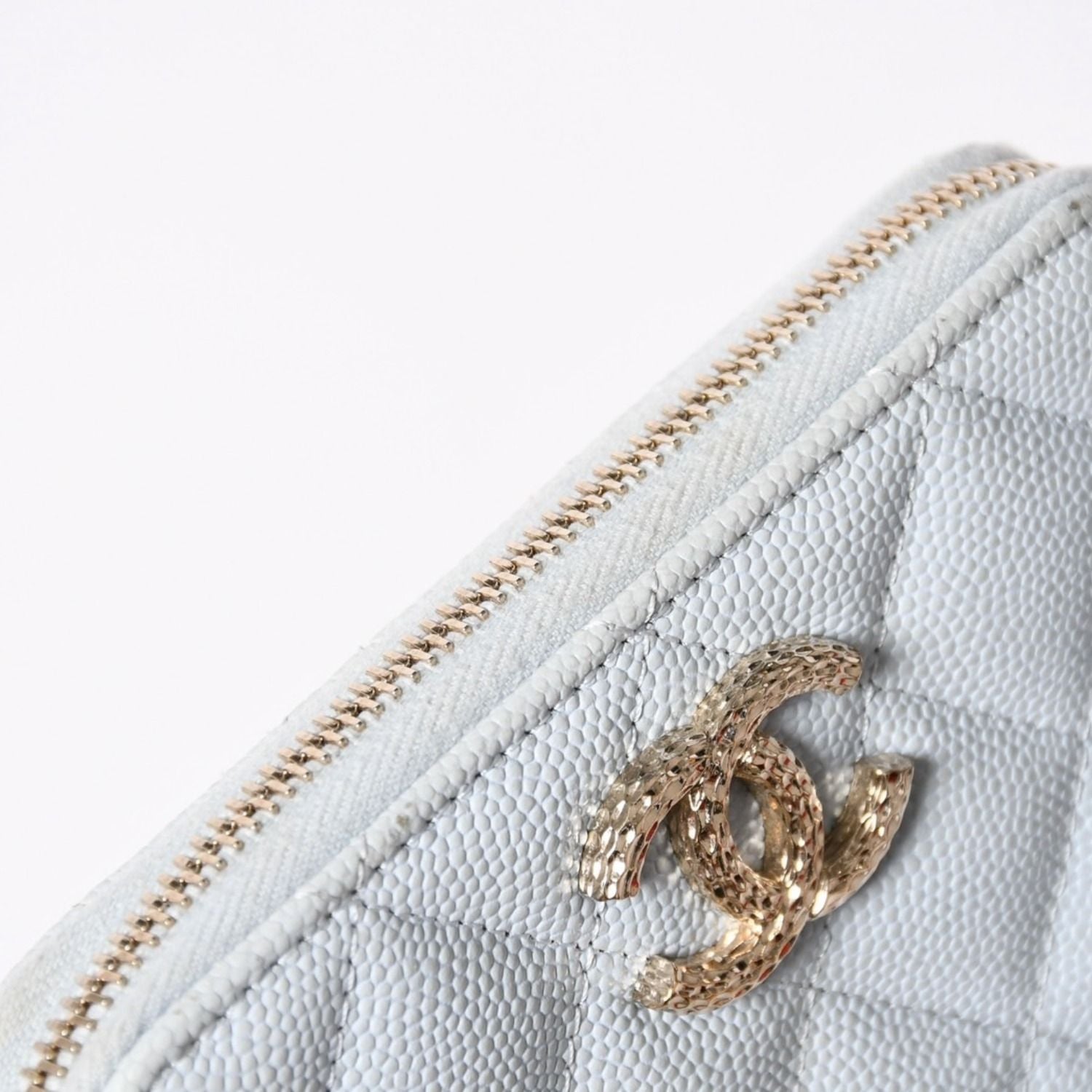 Chanel Round Zip Wallet Stand CC Logo Caviar Leather Light Blue Gold — view 5