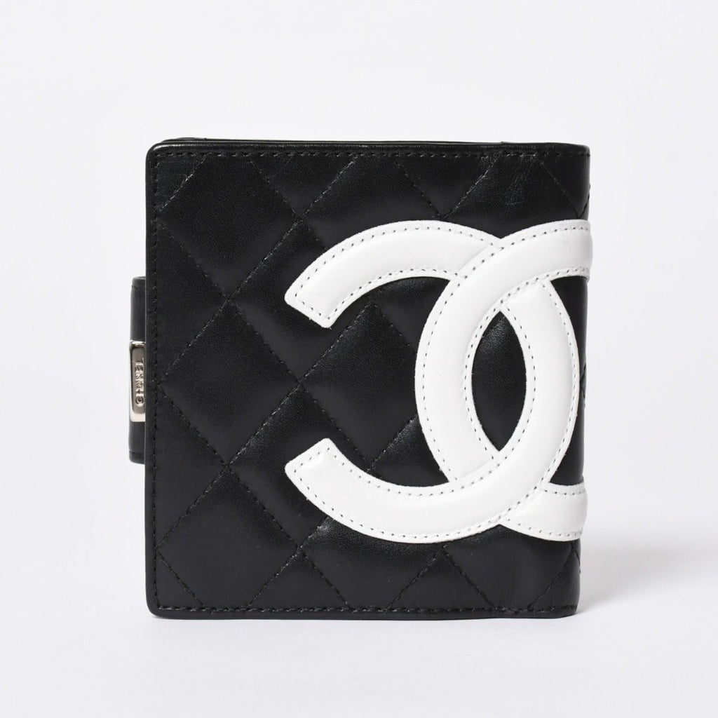 Chanel Cambon Line Bifold Wallet CC Logo Calfskin Kiss Lock Black Silver
