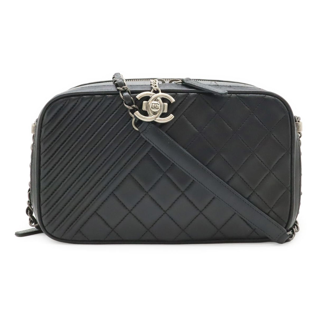 Chanel Boy Camera Bag Chain Pochette Quilted Leather Black