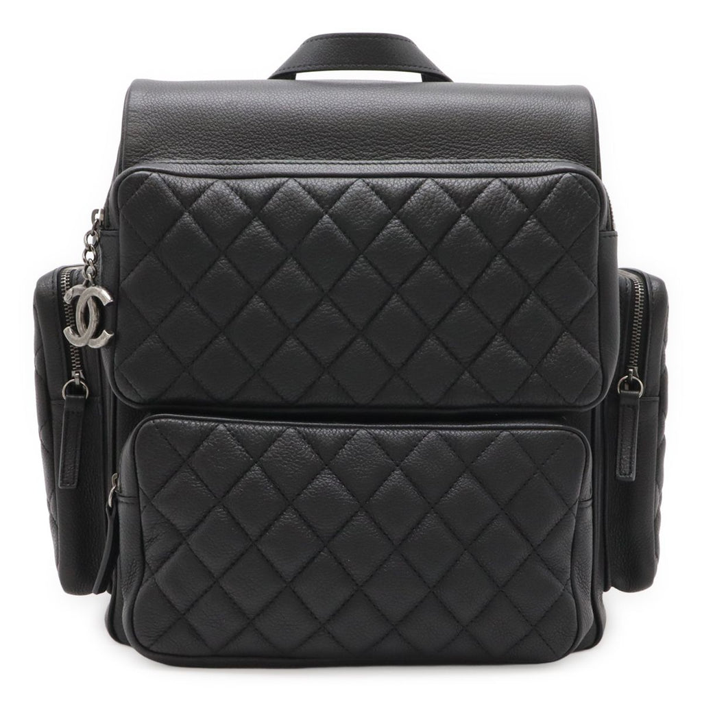 Chanel Quilted Casual Lock Backpack Caviar Leather Black Silver