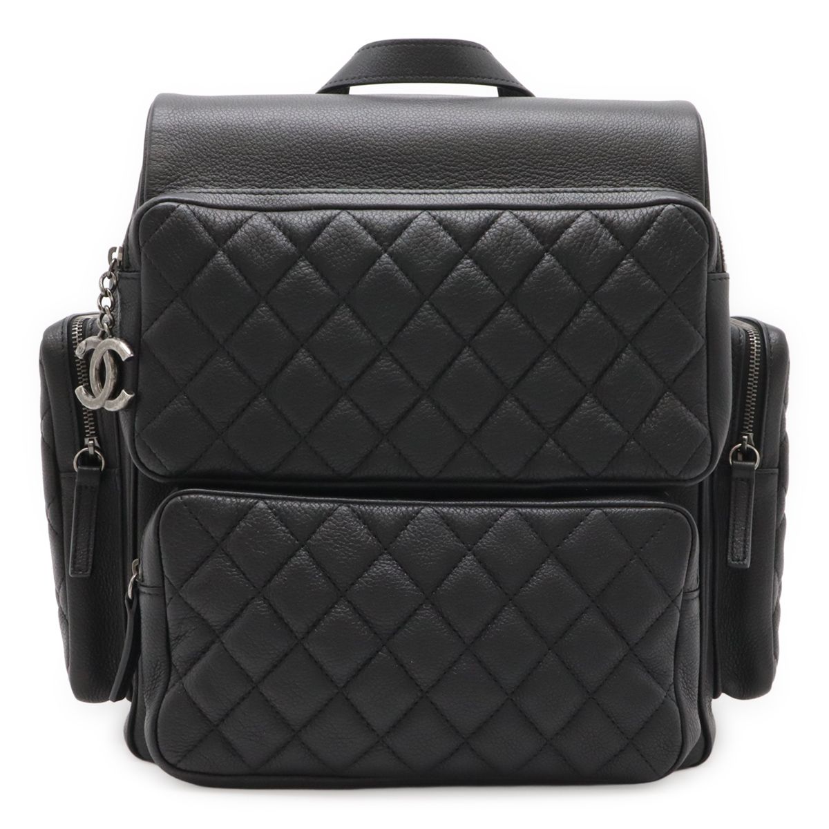 Chanel Quilted Casual Lock Backpack Caviar Leather Black Silver