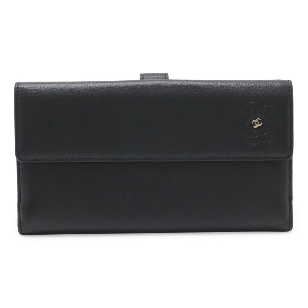 Chanel Camellia Snap Double Wallet Leather Black Silver